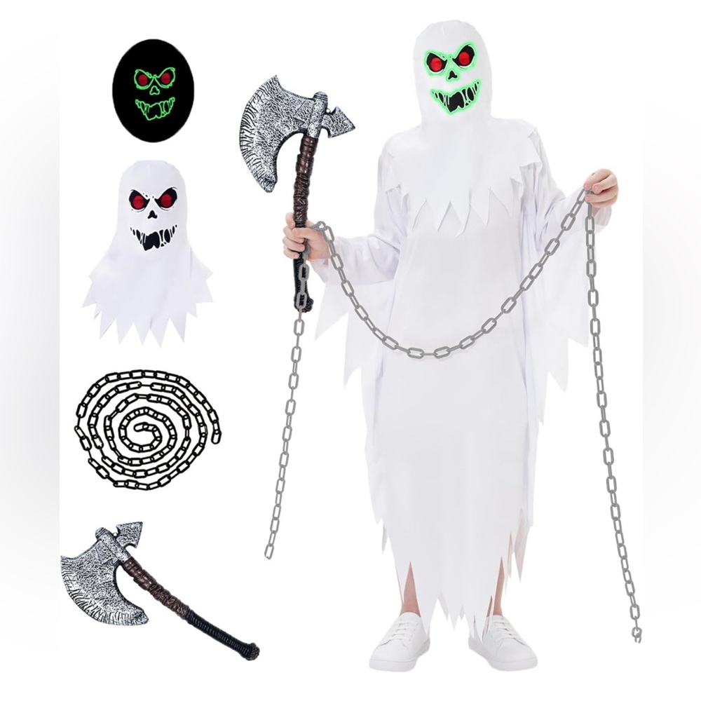 Unisex Kids👦🏻👧🏻Ghost👻Costume w Glowing in Dark Scary Hood Cloak & Axe Chain